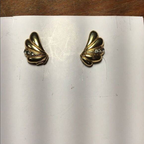 Gold & Rhinestone Stud Earrings, 1/2”, Vintage - Picture 1 of 8